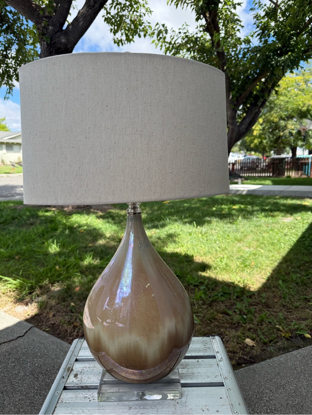 Uttermost Iridescent Beige-Gray Teardrop Table Lamp with Cream Shade